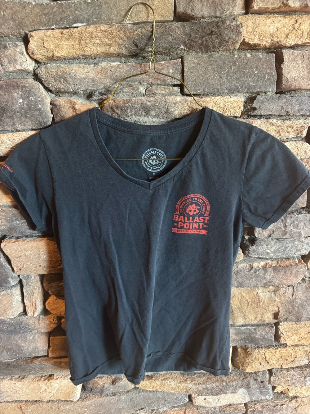 Ballast Point Women's Black V-Neck Tee with Red Velvet logo on back